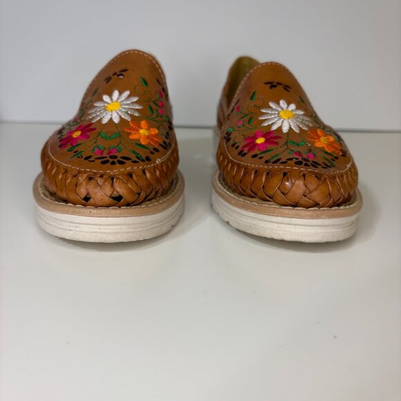 Cacahi's Mexican Huarache‎ Slip On Sandals Sz 7 Tan & Floral Beach Culture Boho - Picture 2 of 9
